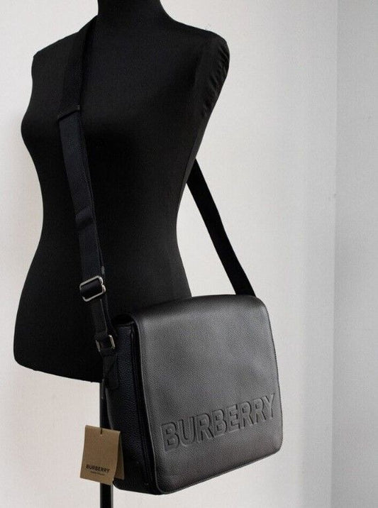 Burberry Bruno Small Black Embossed Branded Pebble Leather Messenger Handtasche