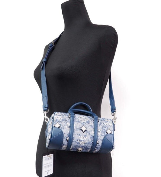 MCM Boston Mini Blue Vintage Jacquard Logo Fabric Satchel Crossbody Handtasche